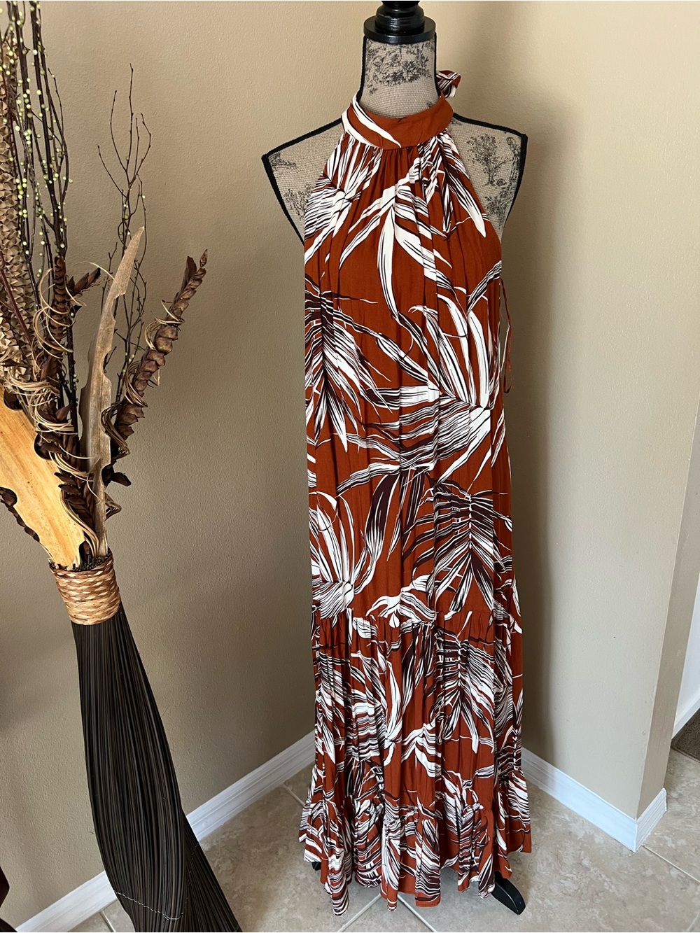 Rust/Brown White Tropical Halter Maxi Dress - Women